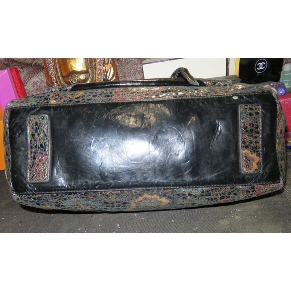 Sharif 1827 Black Metallic Floral Python Embossed Italian Leather Charm Satchel - Picture 5 of 16